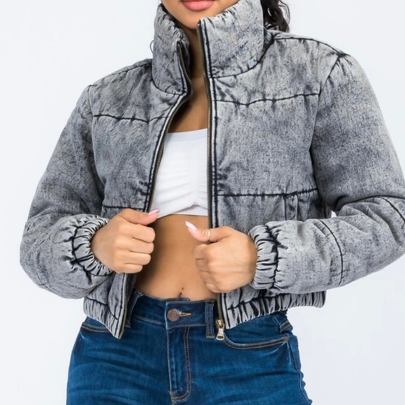 Cute black denim Puffer coat with high collar and elastic wrist - Picture 1 of 3
